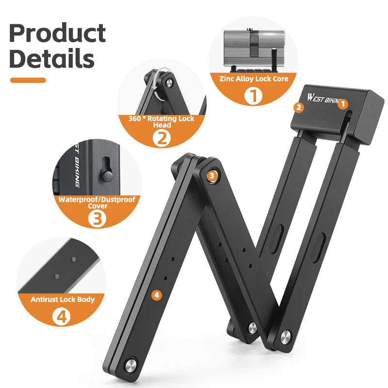 WEST BIKING Foldable Bike Lock Portable Anti-Theft Security Folding Padlock for MTB Road Bike E-bike Scooter Bicycle Accessories